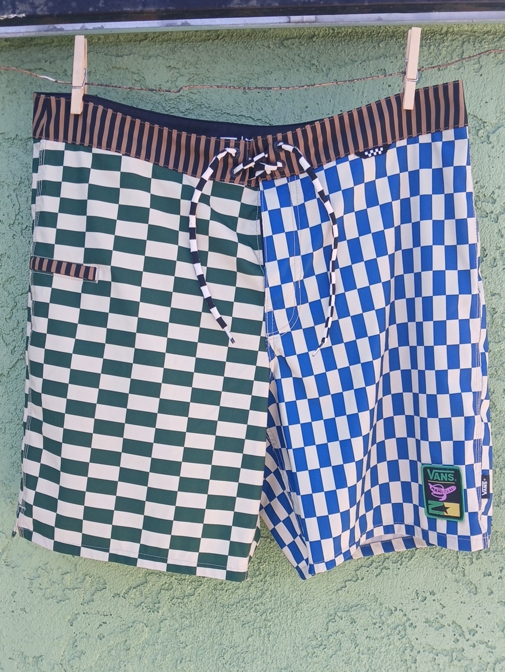 Vans Men’s Checkerboard Swim Shorts - Green, Blue & Brown Waistband